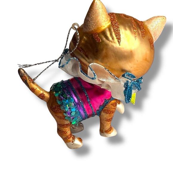 RAZ Imports Orange Tabby Cat Blown Glass Christmas Ornament Anthropomorphic 4” - Picture 12 of 16